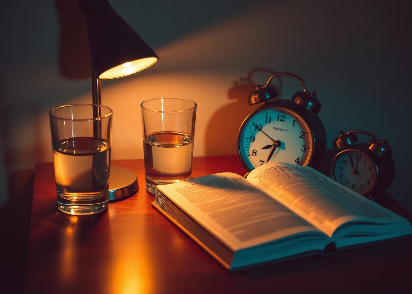 A softly lit nightstand with a lamp, a glass of water, and a book.