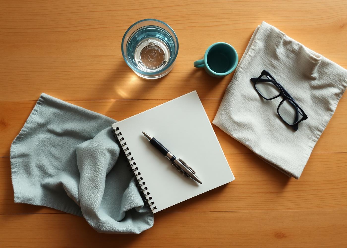 A calm morning routine: a glass of water, a notebook, and reading glasses on an oak table.